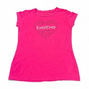 bebe Y2K Pink Glitter Logo Heart Graphic Fitted Tee Sz L Vtg Festival Coachella